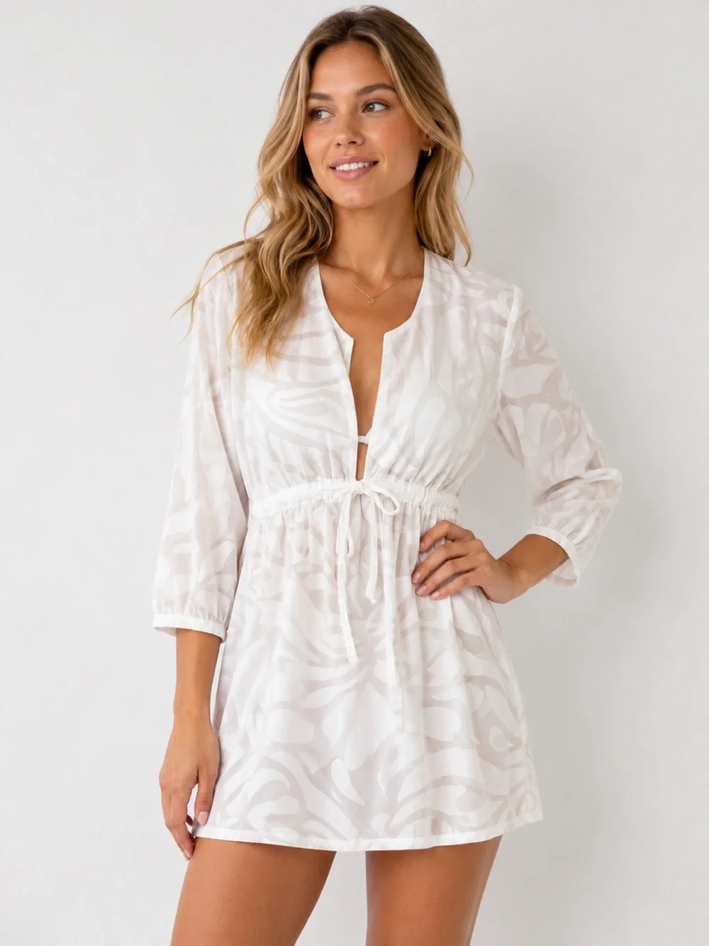 J. Crew White Semi-Sheer‎ Swimsuit Cover-Up Empire Waist Drawstring Small